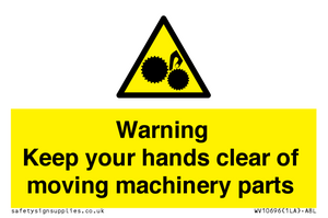 Warning - Keep your hands clear of moving machinery parts